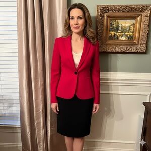 NWOT Women's Kasper Power Suit Petite Red Jacket Blazer 8P Black Skirt 10P